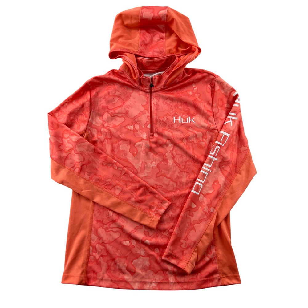 Huk Fishing Performance Hoodie Womens Large Orange Camo 1/4 Zip Sun Shirt